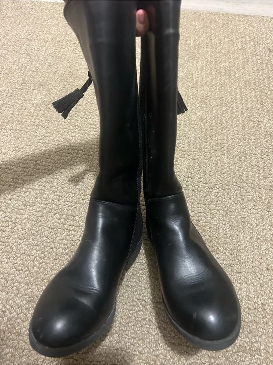 Black Leather Knee-High Boots with Tassel Detail