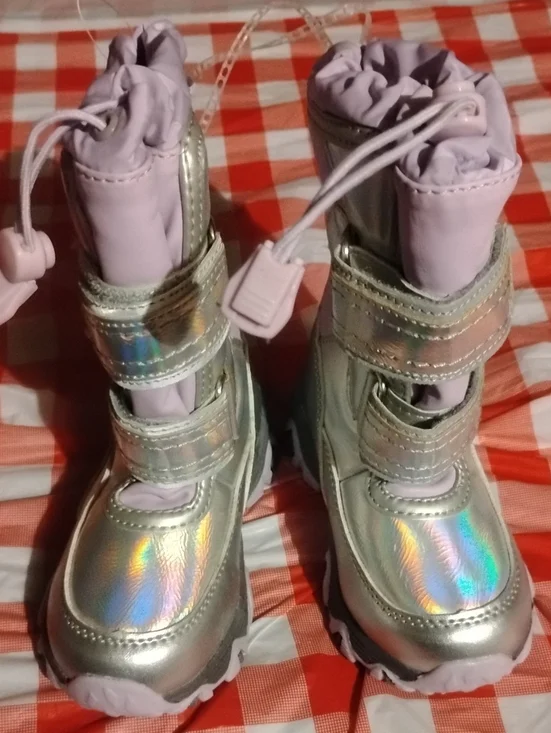 Kids Silver Holographic Winter Boots with Lilac Cuffs