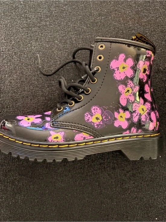 Dr. Martens Black Patent Floral Combat Boots with Pink Flowers