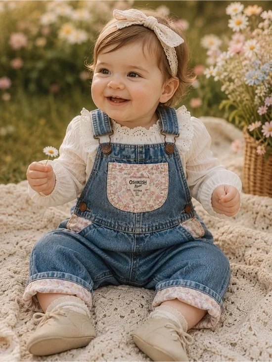 OshKosh B’gosh From The Vault  Floral Lined Denim Overalls 9M Cottagecore Baby