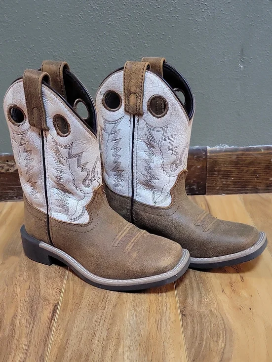 Kids Tan and White Pull-On Western Boots - Classic Comfort