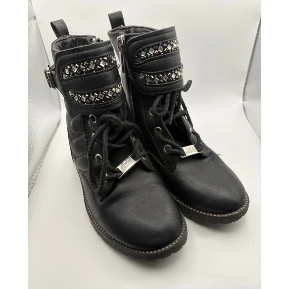 Vince Camuto Kids Black Rhinestone Wing Combat Boots Side Zip Lug Sole Size 10