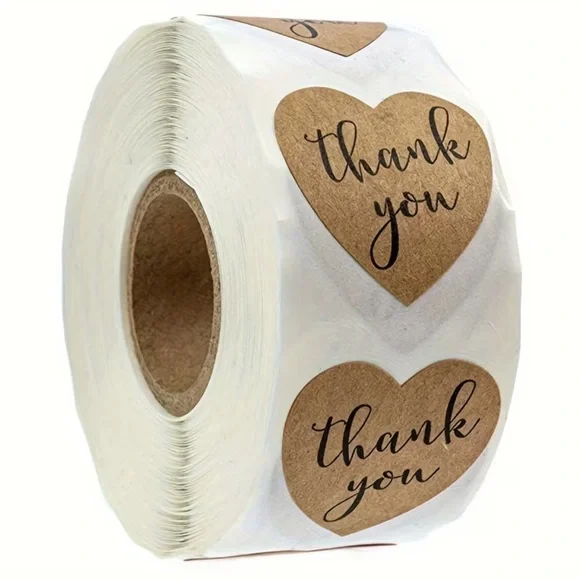 500 qty 1 inch Heart-Shaped Thank You Kraft Sticker Roll Brown New