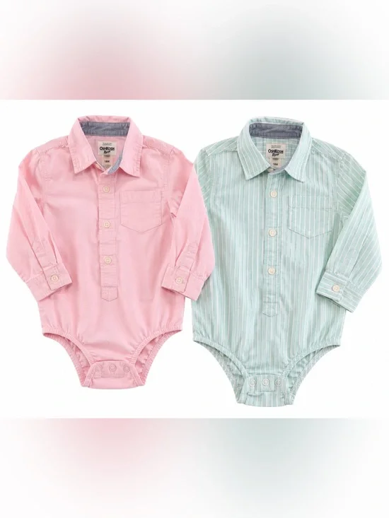 OshKosh B’gosh 18M Button Down Bodysuit Bundle Pink Green Cotton 2 Pc
