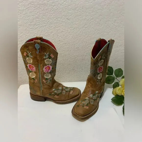 Macie Bean Boots Girls SZ 3 Floral Rose Garden Cowgirl Brown Leather