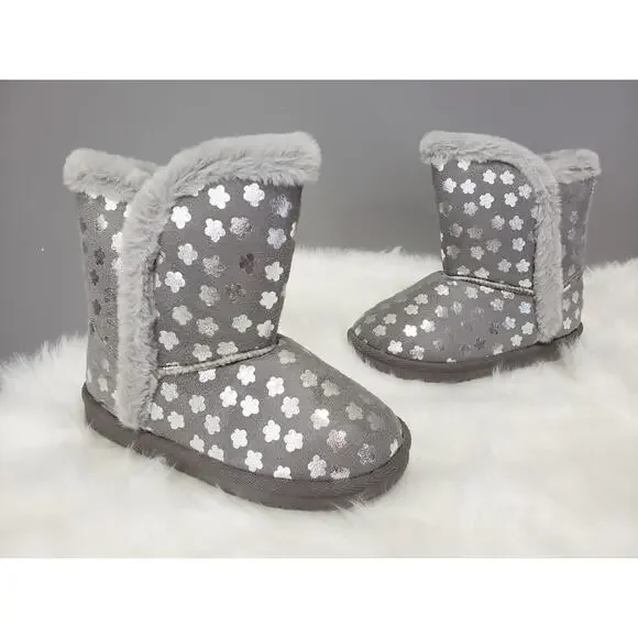 NEW Sz 2 Girls Flower Silver Gray Metallic Flower Faux-Fur Slipper Winter Boot‎