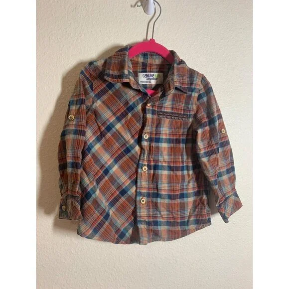 Genuine Kids Osh Kosh Plaid Button Up Shirt Boys Size 2T Orange Fall Grunge I6