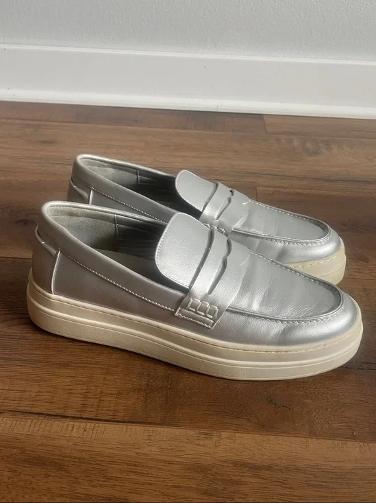 J/Slides Silver Faux Leather Silver Loafers Size 9.5
