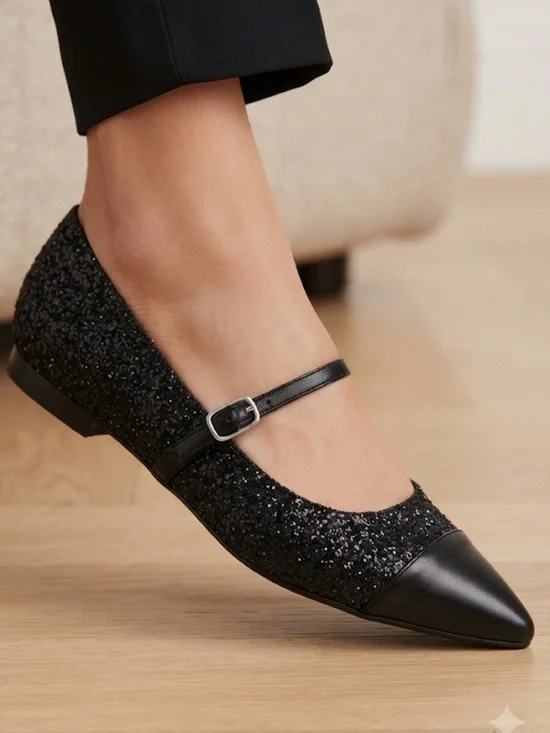 LINEA PAOLO Niara Black Glitter Mary Jane Flats Pointed Toe 10 NIB