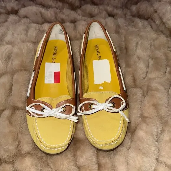 Michael Shannon Loafers Yellow Leather Topstitched W. White Laced Trim,Sz 7.5M