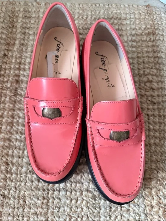 Free People Coral Pink Leather Penny Loafers with Gold Accent