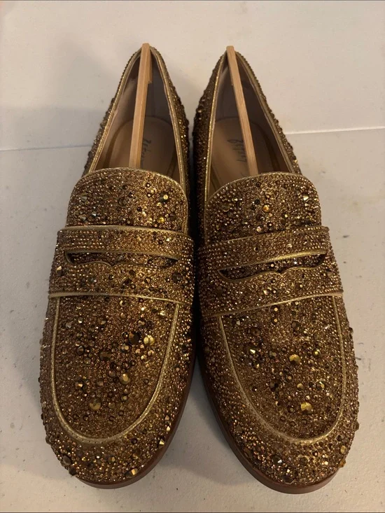 Betsey Johnson Gold Crystal Embellished Penny Loafers