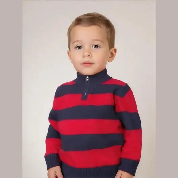 OshKosh b'Gosh‎ Boys Sweater Size 3T Red Navy Blue Striped 1/4 Zip