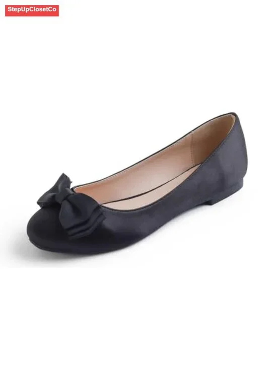 Synthetic Satin Round Toe Bow Tie Ballet Flats Memory Foam Insole