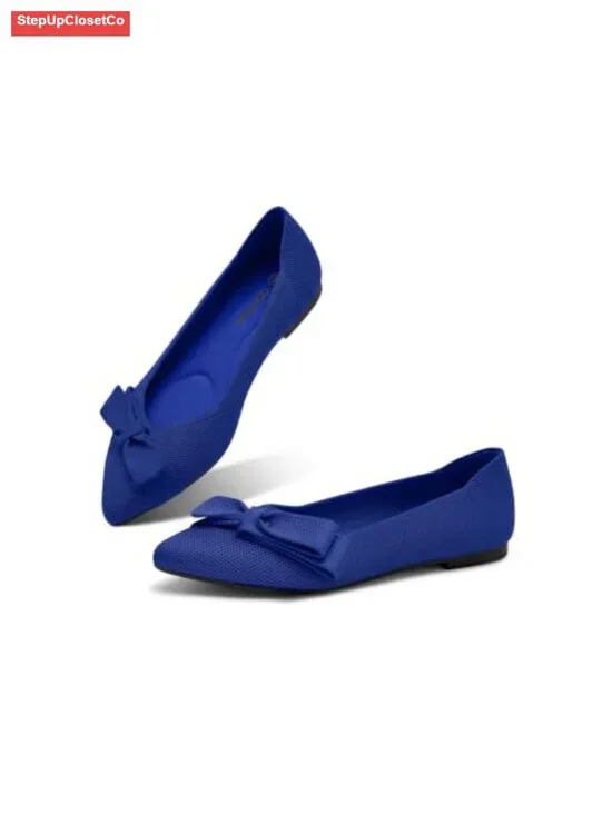 Pointed Toe Knit Bow Ballet Flats - Comfortable Dressy Work Slip On Shoes