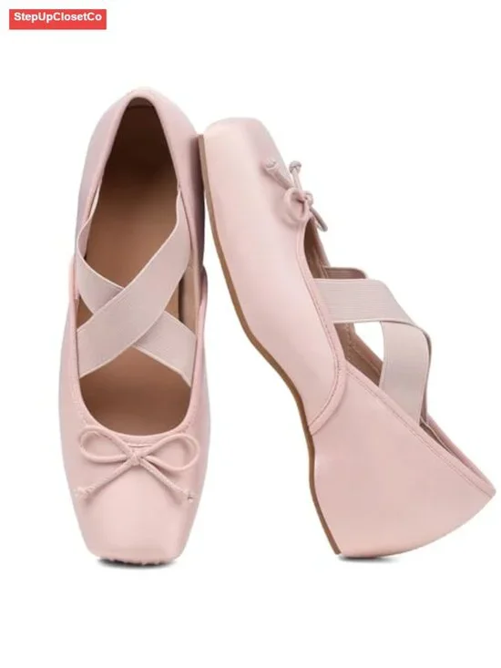 Square Toe Bow Mary Jane Ballet Flats - Low Wedge