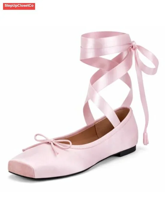 Satin Ballet Flats with Ribbon Lace Up Square Toe