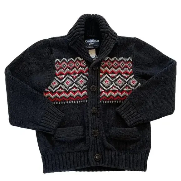 OshKosh B'gosh Cotton Fair Isle Gray Button Down Shawl Collar Cardigan, Preppy 6