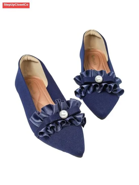 Pointed Toe Ballet Flats with Pearl Bow - Memory Foam Knit Slip-on Shoes