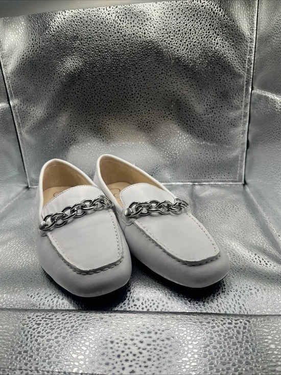 Calvin Klein White Leather Loafers with Silver Chain
