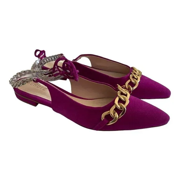 Schutz Size 9.5 Odilenny Flat Violet Pink Pointed Toe Suede Chain Ankle Tie