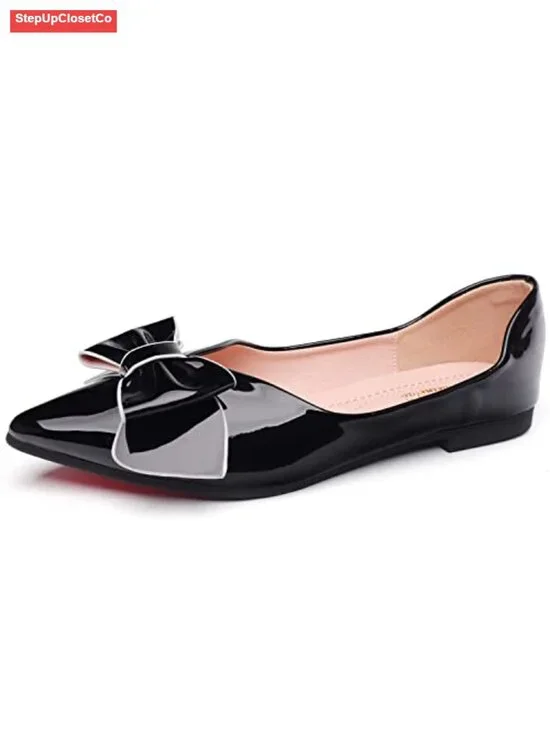 Women's Pointed Toe Leather Ballet Flats with Bow, Memory Foam Insole Dress