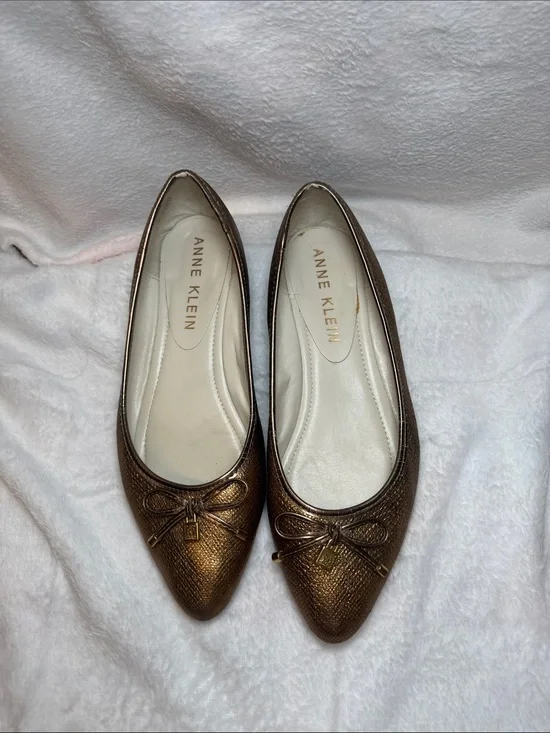 Anne Klein Metallic Bronze Pointed Ballet Flats with Bow