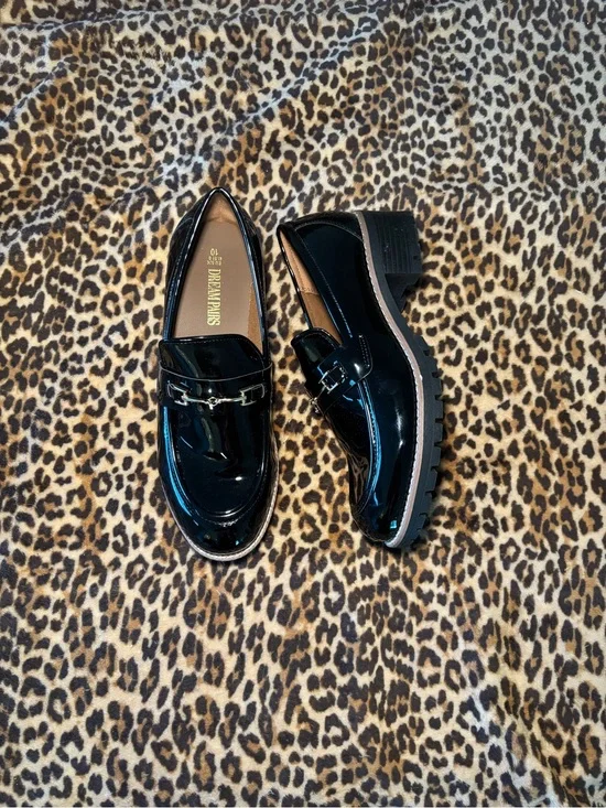 SHEIN Black Patent Loafers with Silver Buckle