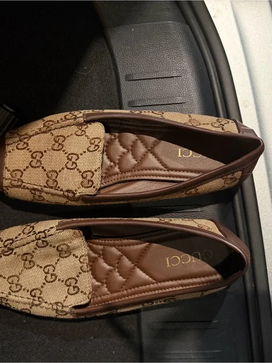 Gucci Beige Brown GG Canvas Leather flats