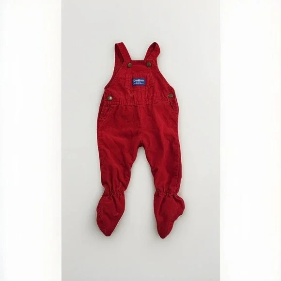 Vintage Osh Kosh B'gosh 6/9 Month Footed‎ Red Corduroy Vestbak Overalls