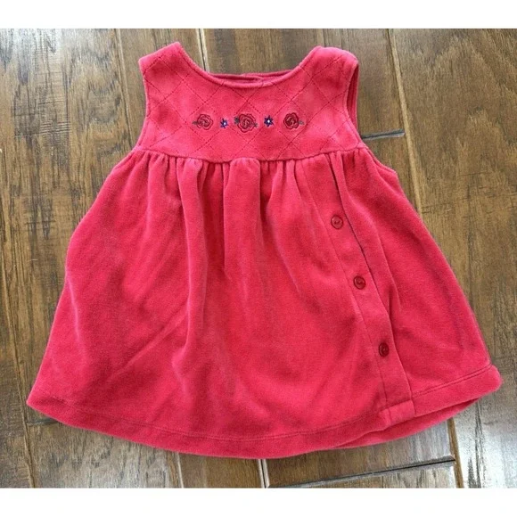Vintage OshKosh‎ BGosh Baby Jumper Dress 3-6 Month Red Velvet Floral Embroidered