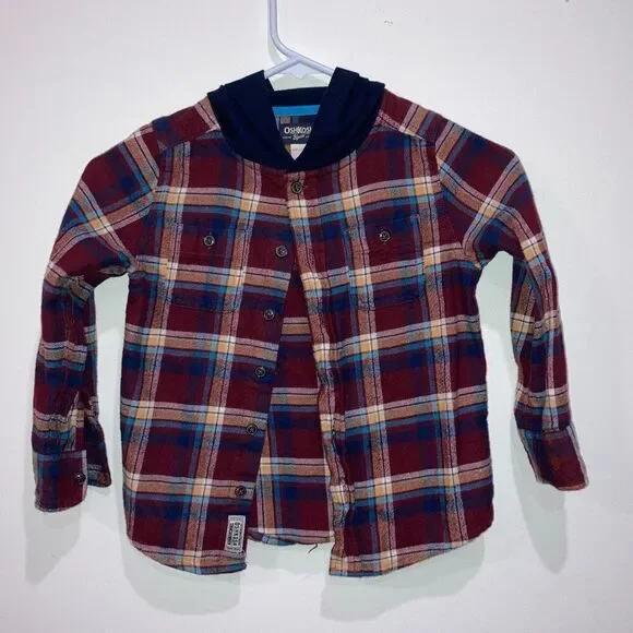 OshKosh B'gosh Boys Hooded Plaid Flannel Shirt Size 5 Red Blue Button Front