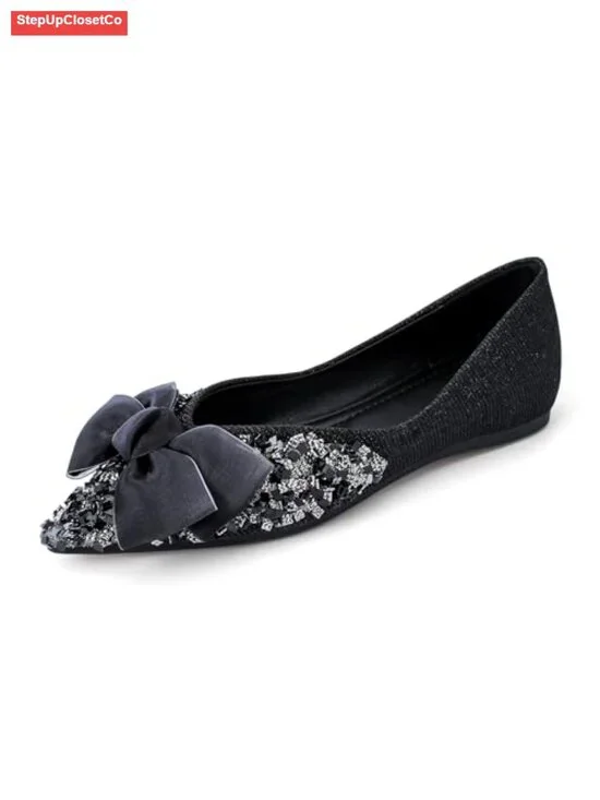 Satin Pointed Toe Flats Rhinestone Bow Memory Foam