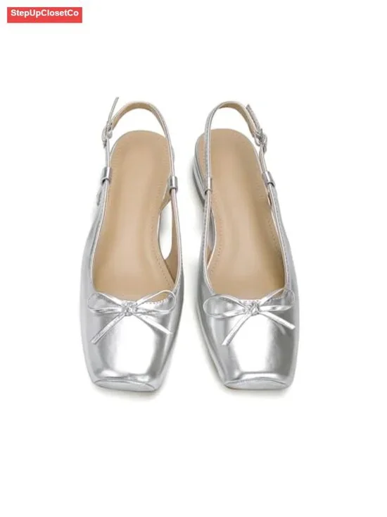 Square Toe Satin Ballet Flats with Ankle Buckles Slingback Dressy