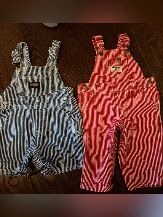 OshKosh B'gosh Blue & Red Pinstripe Kids Overalls Duo