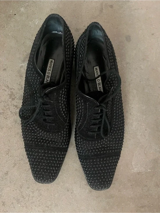 Manolo Blahnik Black Studded Lace-Up Flats