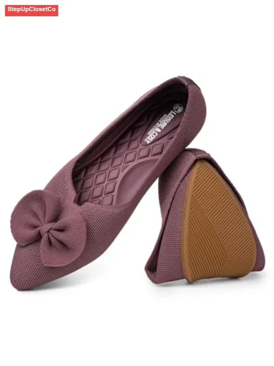 Pointed Toe Knit Ballet Flats with Bow Slip-on Dressy Shoes Non-slip Outsole