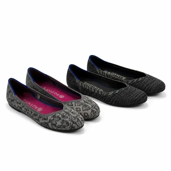 Rothys Womens 12 Gray Black Patterned Ballet Flats The Flat 2 Pair Bundle Wash