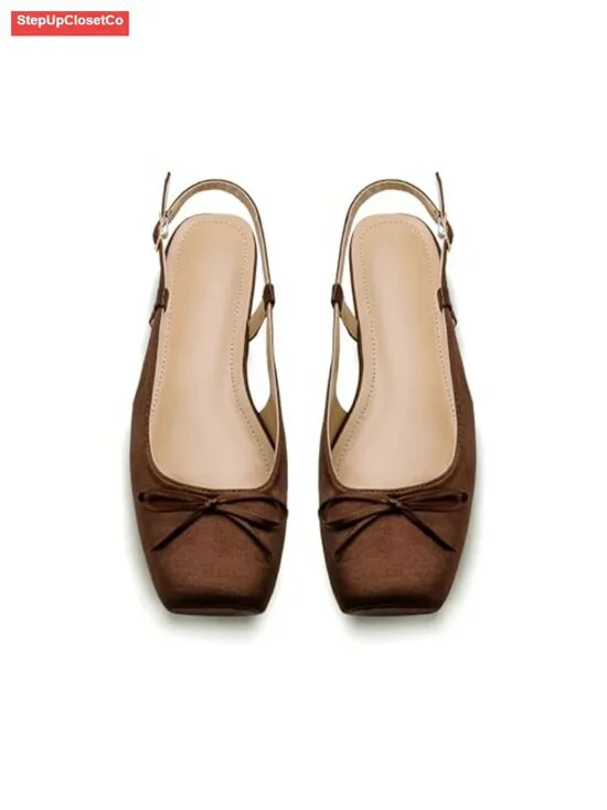Womens Ballet Flats Slingback Square Toe Bow Knit Dressy Flat with Ankle Buckle