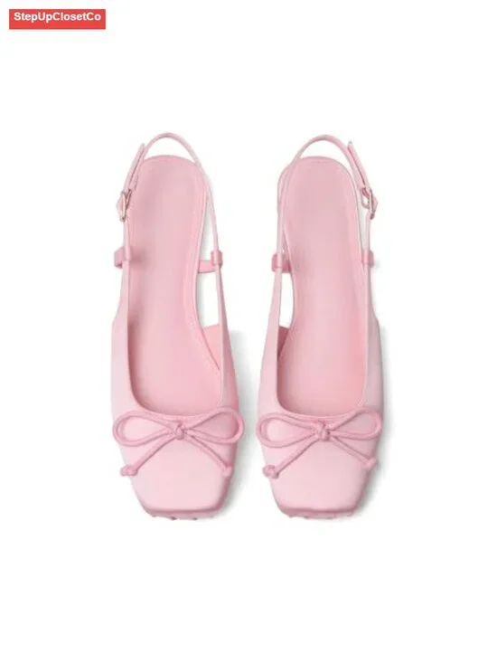 Satin Ballet Flats with Square Toe, Bow, and Ankle Buckles - Dressy