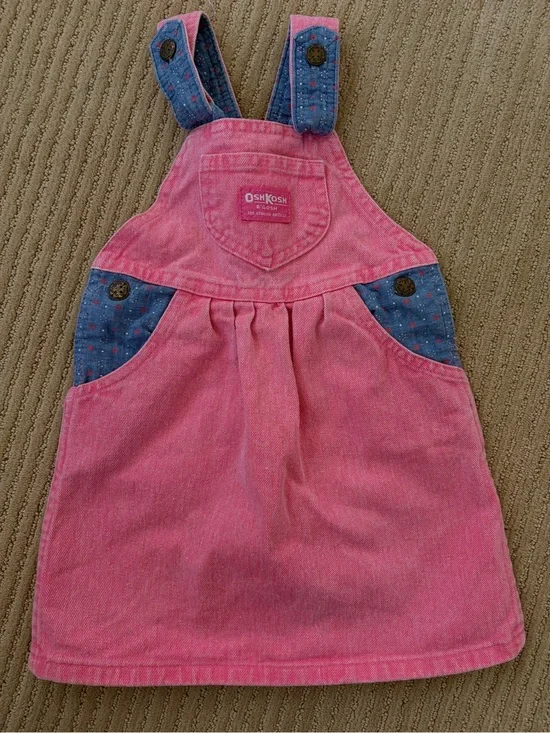 Vintage OshKosh Bright Pink Denim Overall Dress with Blue Strap Accent 4T