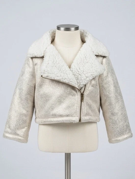 OshKosh BGosh Metallic Silver Faux Shearling Moto Biker Jacket Shimmer Coat‎ 12M