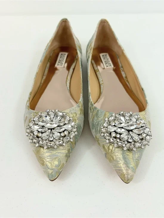Badgley Mischka Jeweled Pointed-Toe Flats in Pale Gold and Light Blue Size 9.5