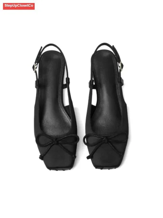 Satin Ballet Flats with Square Toe, Bow Detail, Ankle Buckles, Slip Resistant