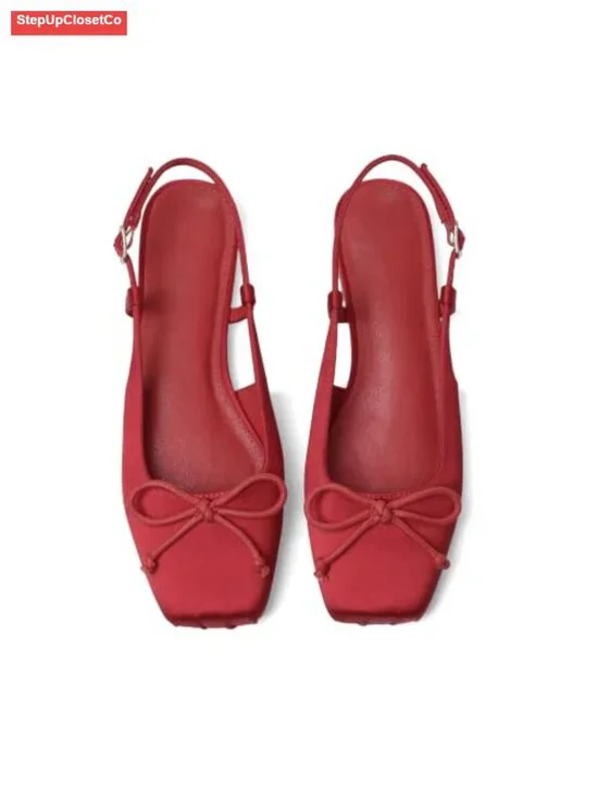 Square Toe Bow Dressy Flat Shoes with Ankle Buckles Satin