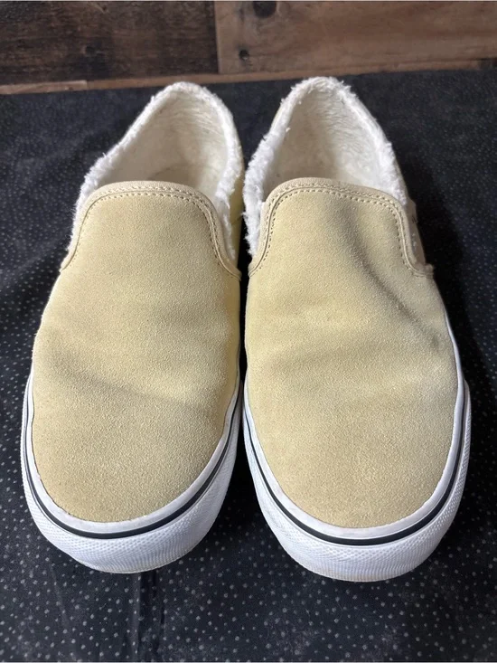 Vans Slip-On Flats in Taupe/Khaki with Fuzzy Lining