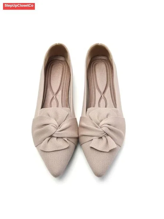 Pointed Toe Ballet Flats with Bow - Knit, Pull-On - Comfortable Dressy Flats -