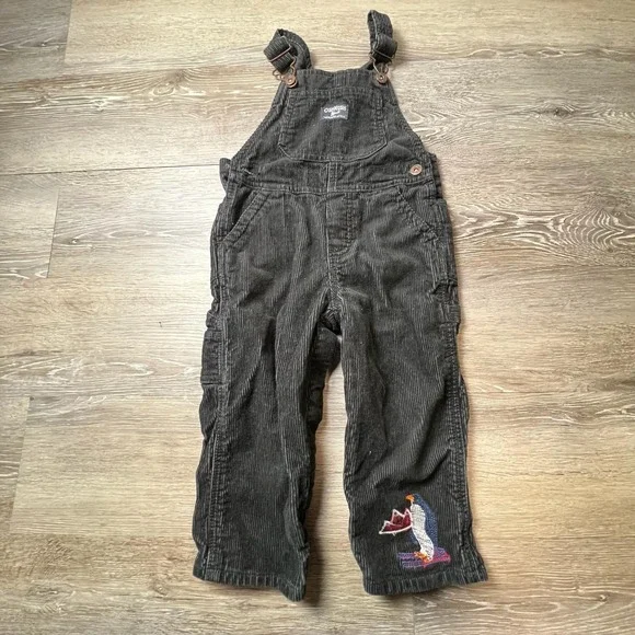 OshKosh Overalls Unisex 24M Black Corduroy Penguin Embroidered Skiing Vintage