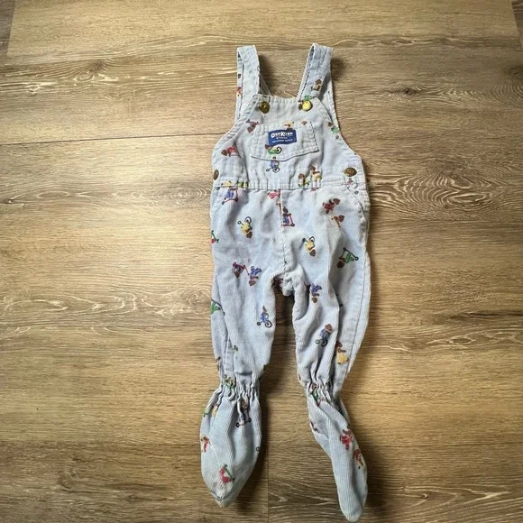 OshKosh B'gosh Overalls Baby 6/9M Blue Bear Print Corduroy Vintage USA Vestbak
