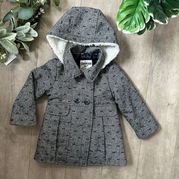 OshKosh B'gosh Toddler Girl’s Vintage Style Double Breasted Wool Blend Hood Coat